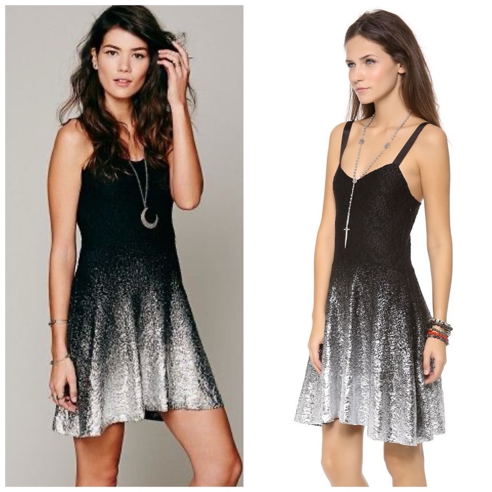 EUC Free People Black & Silver Foil Ombre Lace Fit N Flare Dress